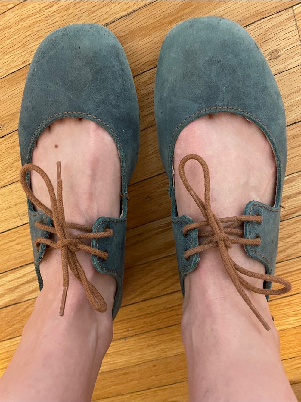 Women's Blue Nubuck Lace-Up Ballet Flats  with Brown Laces by El Naturalista